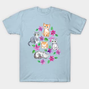 Kittens and Clematis - blue T-Shirt